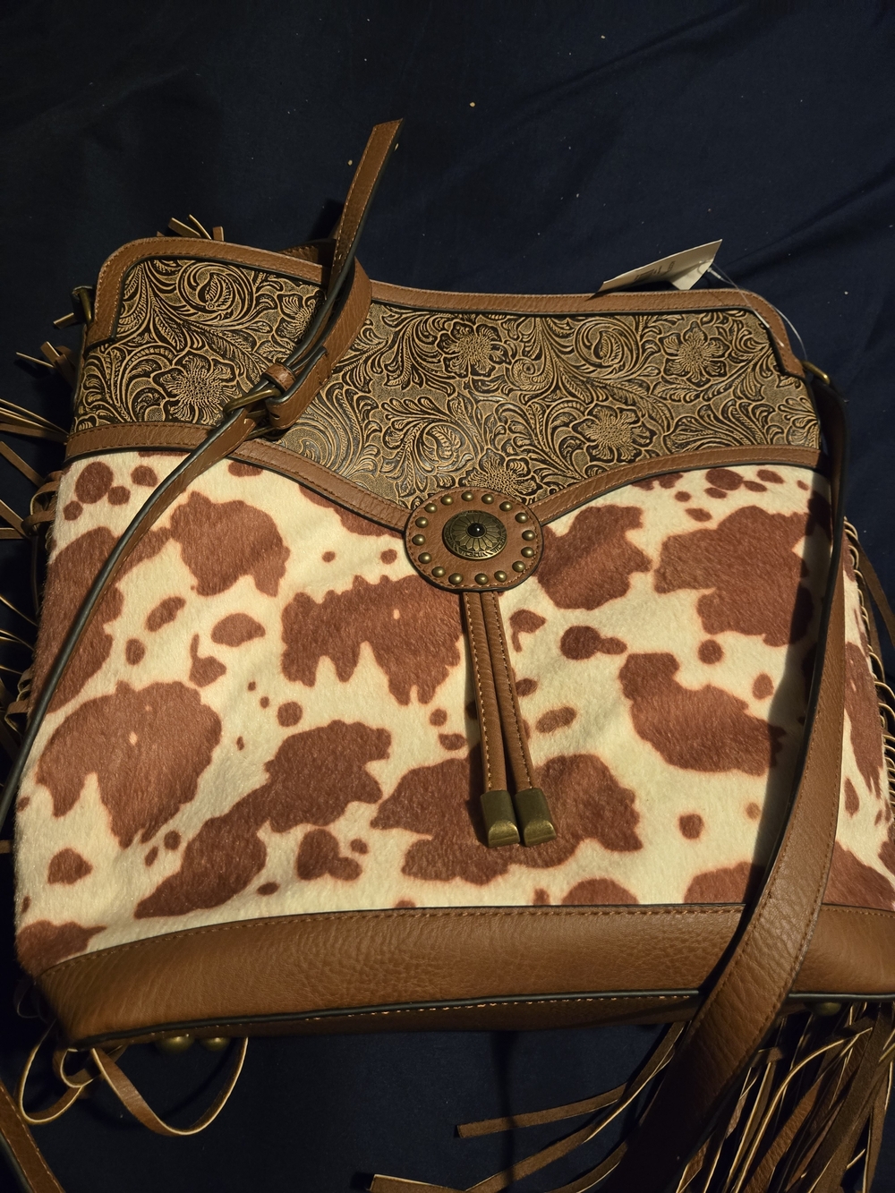 Cato Brown Tooled Leather & Cowhide Shoulder Bag